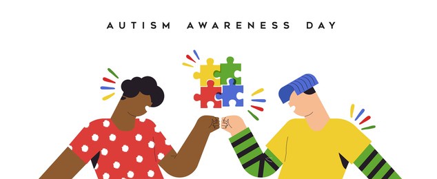 autism awareness day web banner illustration of happy children friends doing fist bump together. autistic kid friendship concept, childhood psychology design.