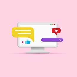 computer with modern trendy color and social network icons 3d vector. abstract social media and technology at pastel color background