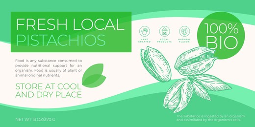 fresh local nuts label template. abstract vector packaging horizontal design layout. modern typography banner with hand drawn pistachios sketch silhouette background. isolated.
