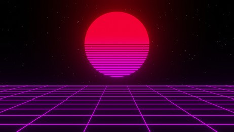 retro futuristic background 1980s style. digital landscape in a cyber world. retro wave music album cover template with sun, space, mountains and laser grid on terrain.