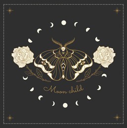 moth and cycles of the moon with roses, mystical symbol