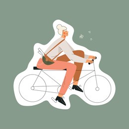 senior woman on bike sticker flat vector cartoon illustration isolated on white background. elderly female person  over 50 on bicycle. healthy active wellbeing lifestyle concept