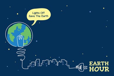 earth hour copy space. light bulb with power plug and cityscape continuous line art drawing. abstract minimal eco energy saving concept art. lights off 60 minutes, save the earth. vector illustration.