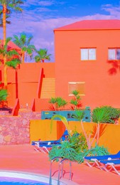 fashion tropical location. hotel. palm. swimming pool. canary islands. travel advertising concept