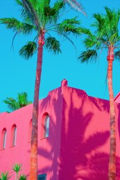 fashion tropical location. pink hotel. palm. blue summer sky. canary islands. travel advertising banner wallpaper