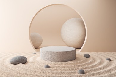 cosmetic background for product presentation, podium display on zen circle pattern in sand, 3d rendering.