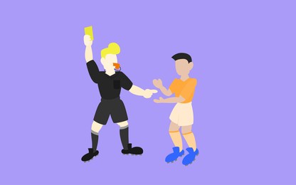 referee give a yellow card to football player to remind him for fair play, serious fouls moment, football or soccer design vector illustration.