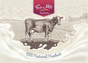 cow, drawing in a graphic style, against the background of the rural landscape with farm, with a splash milk in the foreground.
