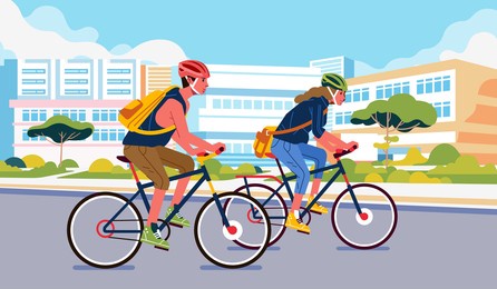 young man and women cycling around the city, wearing safety helmet and bringing bag. building and city illustration in the background. used for landing page illustration and other