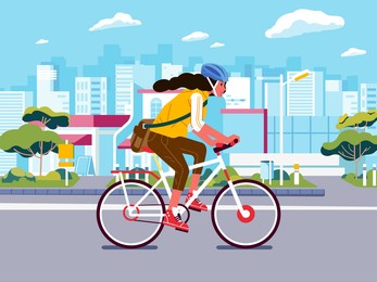 girl cycling on the road. young woman cycling to work wearing safety helmet and city scape as background. used for landing page illustration and other