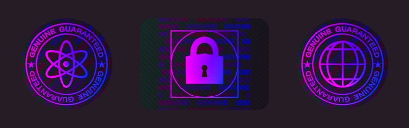 hologram label set isolated. vector holographic sticker collection. geometric hologram seal for product guarantee, sticker design. product certification symbol. quality holographic sticker set.