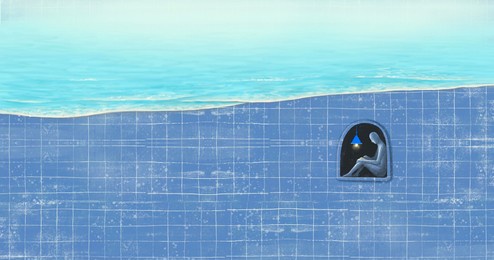 painting of lonely man with surreal sea ,loneliness depression sadness and alone concept art, conceptual artwork