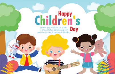 happy children's day background poster with happy kids jumping and holding toys isolated vector illustration