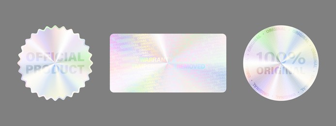 hologram label set isolated. vector holographic sticker collection. geometric hologram seal for product guarantee, sticker design. product certification symbol. quality holographic sticker set.