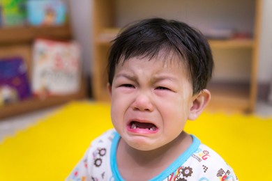 upset little child is crying. on a cloudy day. asian baby are sad. unhappy boy aged 1-2 years old.