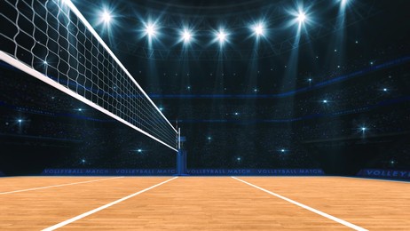 sport arena interior and professional volleyball court and crowd of fans around. view of the player from under the net. digital 3d illustration.