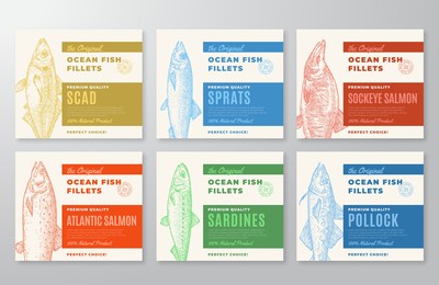 premium quality fish fillets labels collection. abstract vector fish packaging design or cards set. modern typography and hand drawn wild ocean fishes silhouette background layouts. with soft shadows.