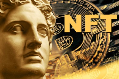 nft non fungible token. crypto art concept. technology selling unique collectibles, games characters, blockchain assets and digital artwork. future of art market. cryptocurrencies and e-commerce.