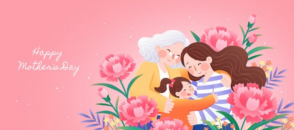 three generations all together celebrating happy mother's day with arms holding each others and be surrounded by carnation flowers