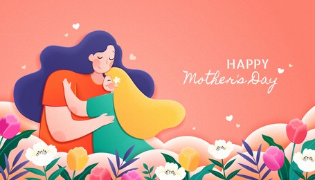 mother hugs her child showing good motherhood, and the girl relies comfortably on her shoulder. designed in flat style.