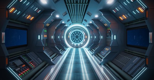 corridor spaceship interior. scifi fiction concept. 3d rendering.