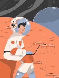 male astronaut works on laptop and does scientific research. man scientist in spacesuit studying life forms on planet's surface. colonization space mission concept. vector character illustration