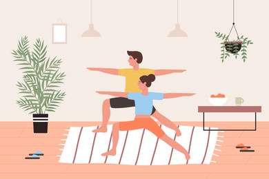 couple yoga exercise, cartoon lovers, friends people doing yoga asana pose, workout in home interior
