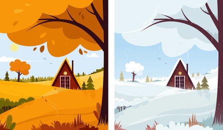 beautiful landscape. a forest house in the middle of a thicket. landscape of two seasons, autumn and winter, one place.cartoon style. vector graphics.