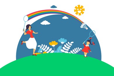 dream to return to childhood. mom and daughter play badminton on green grass. girl and woman play badminton on nature background with flower, tree, rainbow, sun and clouds. vector illustration