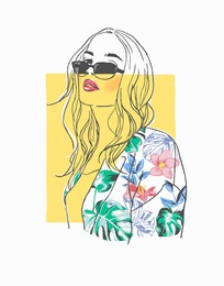 hand drawn line art of girl in sunglasses and colorful blazer vector illustration