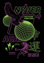 never again text with eagle vector translation: "good luck." design for t-shirt graphics, banner, fashion prints, slogan tees, stickers, flyer, posters and other creative uses