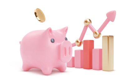 3d colour growing bars with large piggy bank and arrow. piglet and coins. money saving or accumulating, financial services, deposit concept. isolated vector illustration for banner, poster, advertisin