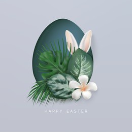 easter background with tropical and palm leaves, plumeria flower and bunny ears behind them in egg shape paper layout on a gray backdrop