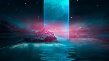 futuristic fantasy night landscape with abstract landscape and island, moonlight, radiance, moon, neon. dark natural scene with light reflection in water. neon space galaxy portal. 3d illustration.
