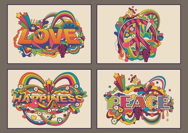 love, peace and happiness illustrations, 1960s hippie style psychedelic art posters