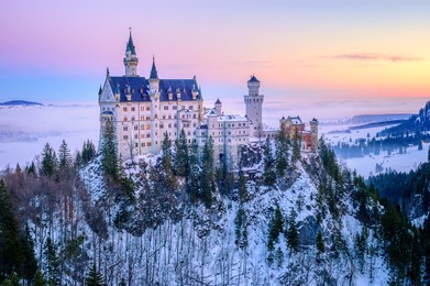 beautiful neuschwanstein castle, the main touristic landmark in bavaria, in a winter day morning light, germany