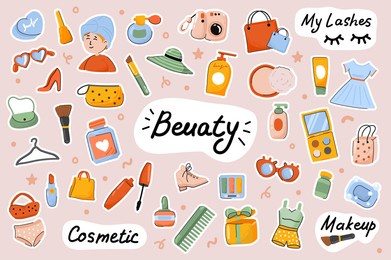 beauty cute stickers template set. bundle of face and body care procedures, routine, cosmetics, female makeup, stylish outfits. scrapbooking elements. vector illustration in flat cartoon design