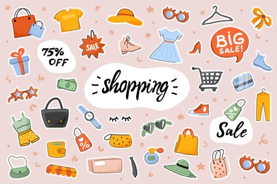shopping cute stickers template set. bundle of clothes, shoes, accessories, purchases bags, shop items. big sale discount prices. scrapbooking elements. vector illustration in flat cartoon design