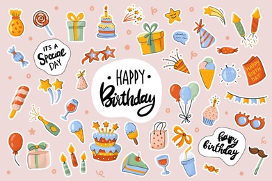 happy birthday cute stickers template set. bundle of cake, drink, gift, decorations, objects. festive party, celebration objects. scrapbooking elements. vector illustration in flat cartoon design