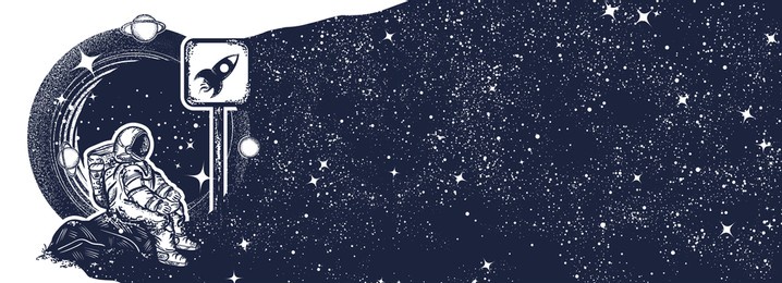 astronaut in space and night sky. black and white surreal graphic. symbol of startup, universe, dream, imagination