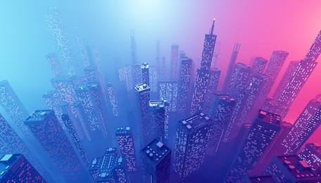 future city downtown with skyscrapers in neon cyberpunk lights. 3d illustration