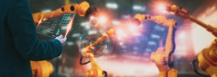 industry engineer construction,using smart tablet,control automation robot arm machine intelligence operation construction site,concept business industry 4.0,artificial intelligence or ai,5g network