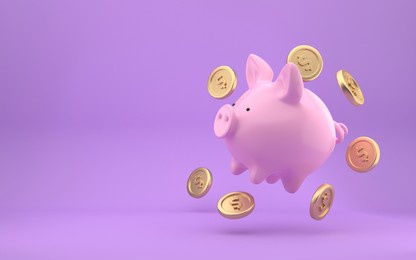 hovering piggy bank with falling dollar coins. front view. finance, saving money, pink piggy bank on lilac background. 3d rendering.