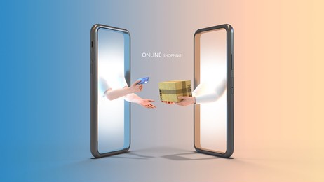 online shopping on the smartphone. a hand holding a credit card and a hand holding a parcel box. 3d rendering.