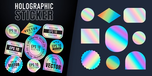holographic stickers. hologram labels of different shapes. colored blank rainbow shiny emblems, label. paper stickers. vector illustration