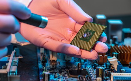 the engineer's gloved hand is holding the cpu chip against the background of the motherboard. concept of high-tech hardware microelectronics