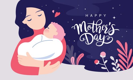 happy mother's day greeting card. vector illustration of a mother holding baby son in arms.