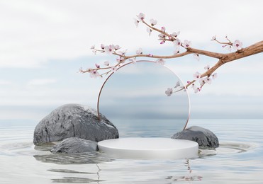 white product display podium with water reflection and blossom flowers on blue background. 3d rendering