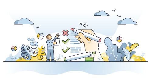 assessment as company audit, evaluation or business report outline concept. employee skills, performance or quality check with review and deep analysis vector illustration. examination and control.