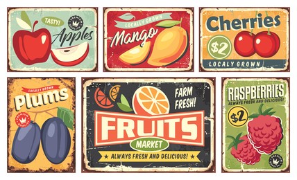fruit market vintage signs collection. apple, mango, cherry, orange, plum and raspberry retro posters set. fruit plantation and farm vectors and sign labels.